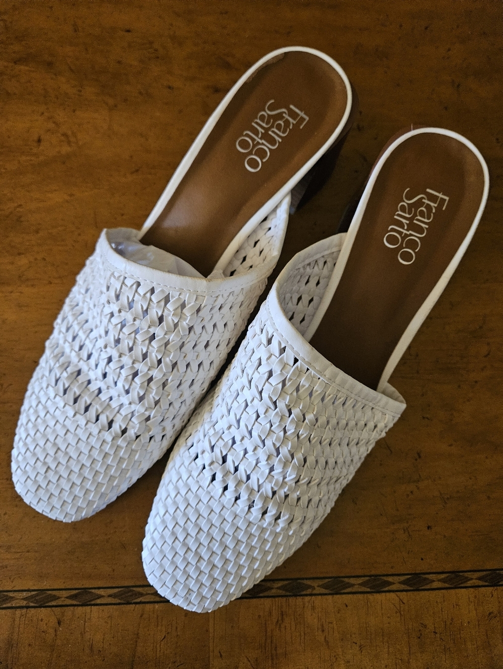FRANCO SARTO White Woven Slip-On Mule with Wood Block Heel